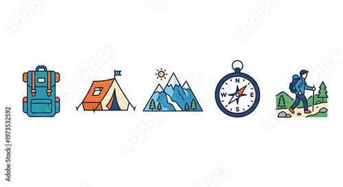 Collection of colorful line icons for outdoor adventure and exploration, depicting essential camping gear, majestic mountains, a navigation compass, and an active hiker