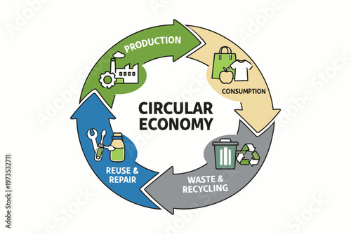 Illustration of the circular economy process and its key components Vector
