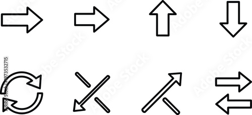 Set of black and white line art arrow icons representing various directions and movement concepts Vector