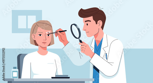 Doctor Examining Patient Eye with Magnifying Glass and Tool.