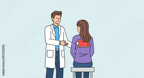 Doctor examining patient with low battery symbol on back.