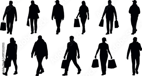 People walking silhouette set with shopping bags men and women side view collection isolated on white background retail lifestyle concept