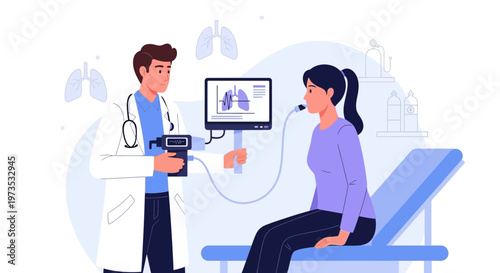 Doctor examining patient with lung function test equipment.