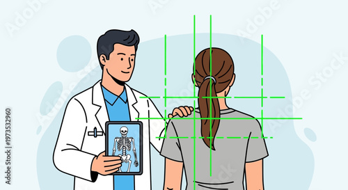 Doctor examining patient with skeletal xray and grid lines.