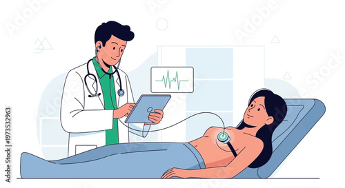 Doctor examining patient with stethoscope and ECG monitor.