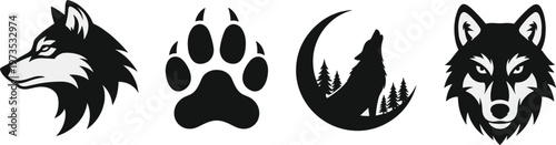 Wolf silhouette set, paw print and howling wolf icons, wild animal symbols, forest theme illustration, black vector collection, isolated on white background