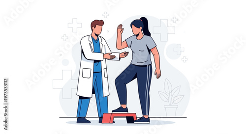 Doctor helping patient with physical therapy exercise on step.