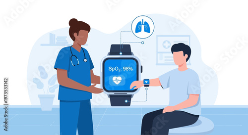 Nurse showing patient smart watch with health data.