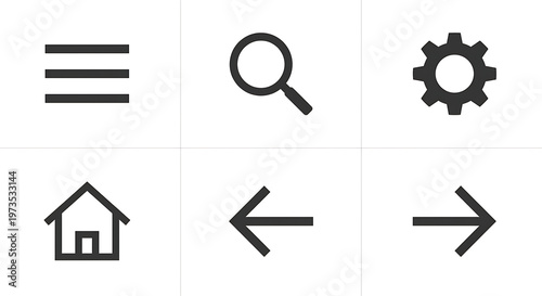A sleek compilation of fundamental user interface icons, offering essential navigation, search, settings, and directional elements for modern digital experiences