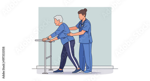 Elderly woman with physical therapist using walker for rehabilitation.