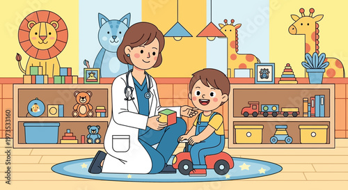 Pediatrician examining a happy child in a playful clinic setting.