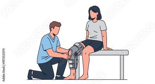 Physical therapist assisting patient with knee brace.