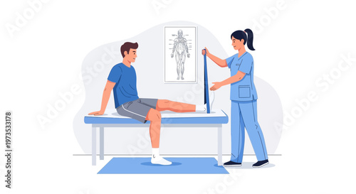 Physical therapist assisting patient with leg rehabilitation exercise.