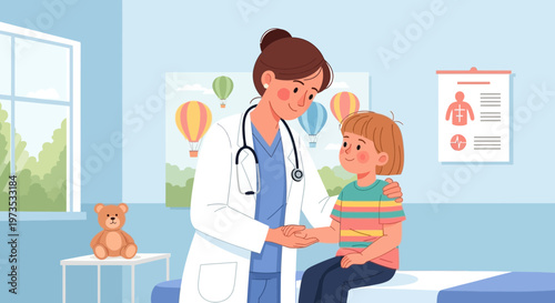 Pediatrician examining a young child in a medical office.