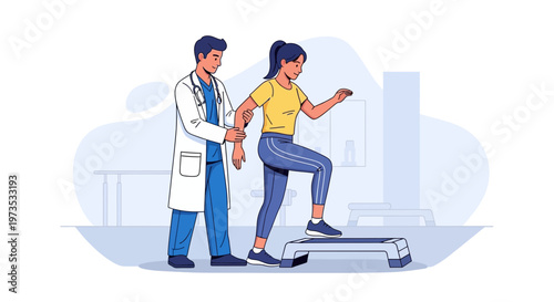 Physical Therapist Assisting Patient with Step Exercise.