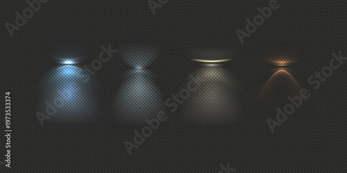 Lens flare light effect collection from lamp or spotlight sources featuring glowing flashes reflections and optical illumination elements for cinematic lighting overlays and visual design