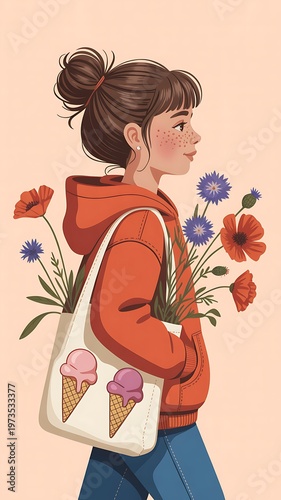 A woman with flowers and an ice cream bag