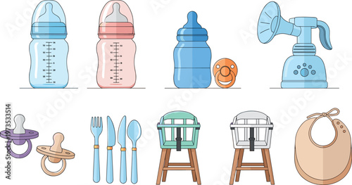 Baby Feeding Accessories Collection Bottles Pacifiers Bibs Flat Vector Set