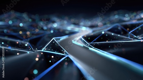 Cyber Road to Discovery: An abstract digital landscape unveils a mesmerizing journey through a luminous network, symbolizing data flow and technological advancement.
