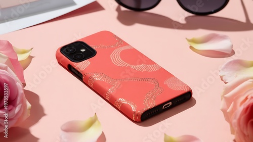 A pink phone case on a table with flowers
