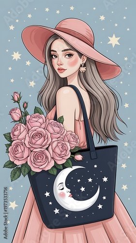 A woman in a pink dress holding a bag with a crescent moon and stars