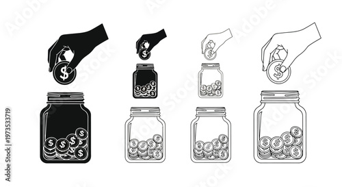 Hands dropping coins into glass jars representing savings and investment
