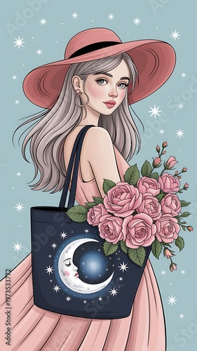 A woman in a pink dress and hat holding a bag and flowers