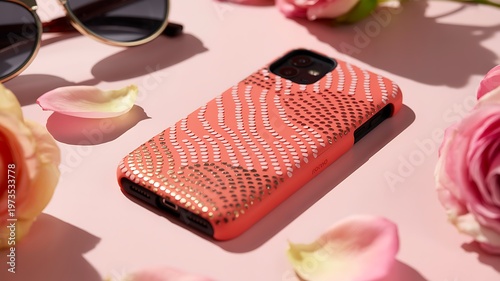 A pink and gold phone case on a pink surface