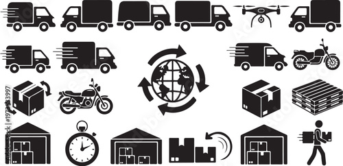 Logistics and delivery icons for global shipping and transport