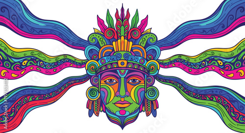 A detailed psychedelic pop art illustration portrays a Peruvian sun god's face with intricate patterns and vibrant colors, featuring wavy rays against a white background.