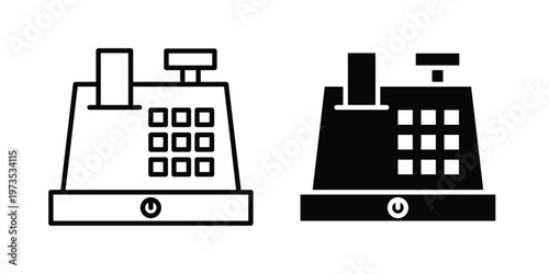 Cash register icon symbol. Icon in flat style and line. Black and white