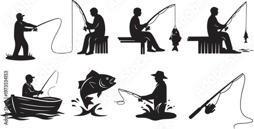 Silhouette of a man fishing in various poses and settings