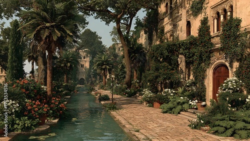 Quiet Mesopotamian garden in ancient Babylonia, enclosed by sun-baked mud-brick walls, lush with Mediterranean greenery growing along stone irrigation canals, water flowing through the canal