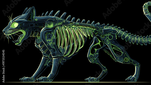 An eerie, glowing skeletal cat illustration with mechanical and cybernetic enhancements, depicted in a fierce pose