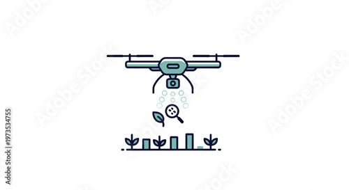 Drone with magnifying glass over plants.