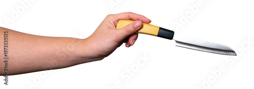 Female hand holding a steel cooking knife isolated on white background with clipping path.