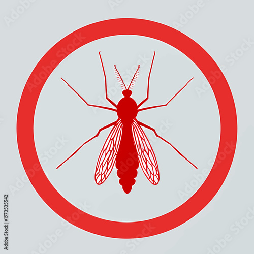 Red mosquito icon within a circle symbolizing a warning or prohibition against insects, disease, or health risks