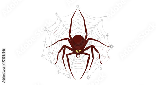 A stylized brown Anansi spider with yellow eyes and fangs is prominently displayed on an intricate star-patterned web against a clean white background.