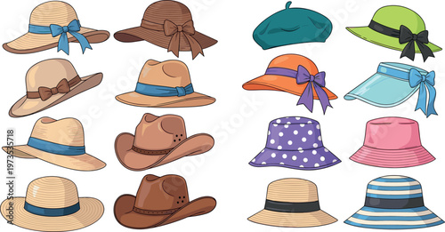 Cartoon vector illustration of assorted hats in colorful fashion and cultural headwear set