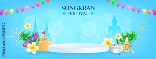 Songkran festival product display stage banner background vector design. Thai New Year Holidays. Water festival.