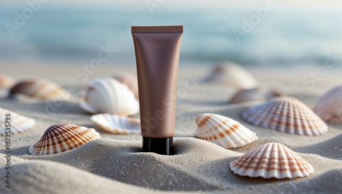 Matte cosmetic tube on sandy beach with seashells and calm sea in soft background