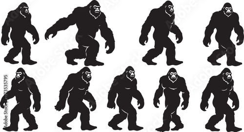 Bigfoot silhouettes in various poses on white background illustration