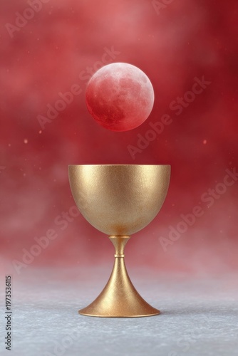 a golden chalice cup with a red moon background