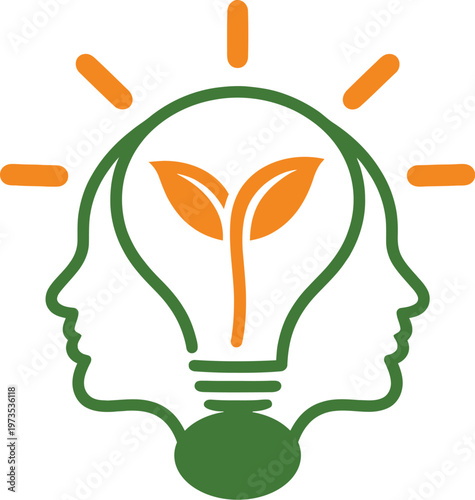 Creative concept logo featuring human head silhouettes forming a light bulb with a growing leaf inside, symbolizing eco innovation, creative thinking, sustainability, and intelligence. Modern flat vec