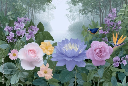 vibrant flowers, including roses and daisies in various colors, intertwined with colorful birds of paradise, and an exquisite blue cactus flower at the center, against a lush forest backdrop.