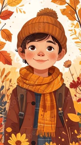 A digitally-painted child smiles warmly, surrounded by autumnal foliage. They wear a knitted hat, scarf, and jacket, with a backpack