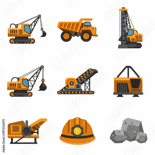 Mining and construction equipment set with various heavy machinery and tools.
