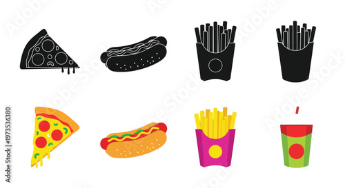 Fast food icons pizza hotdogs french fries and soda in color and outline