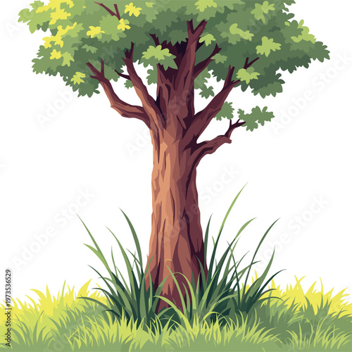 Green leafy tree isolated on white background, natural forest tree illustration for landscape design