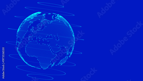 A digital model of the Earth created from glowing dots and lines. Energy orbits revolve around the planet, emphasizing global connections and the continuous exchange of information.